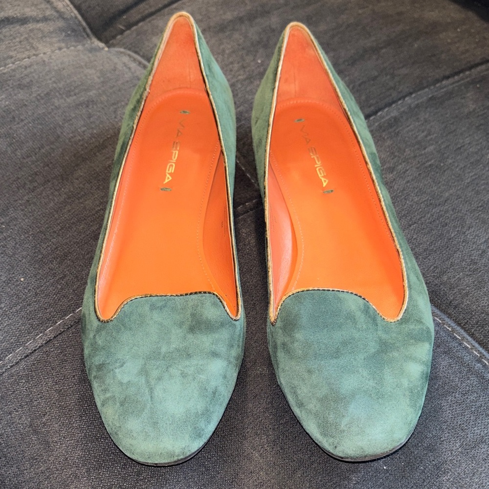 Via Spiga Green Suede Loafers - Picture 1 of 9